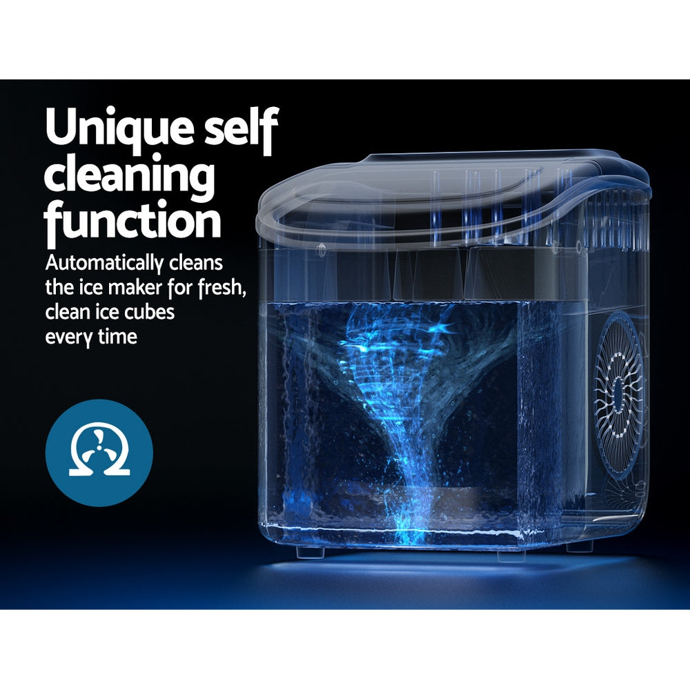 Devanti Portable Ice Maker Machine in black, compact countertop design with ice cubes visible through inspection window.