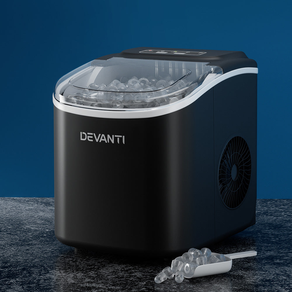 Devanti Portable Ice Maker Machine in black, compact countertop design with ice cubes visible through inspection window.