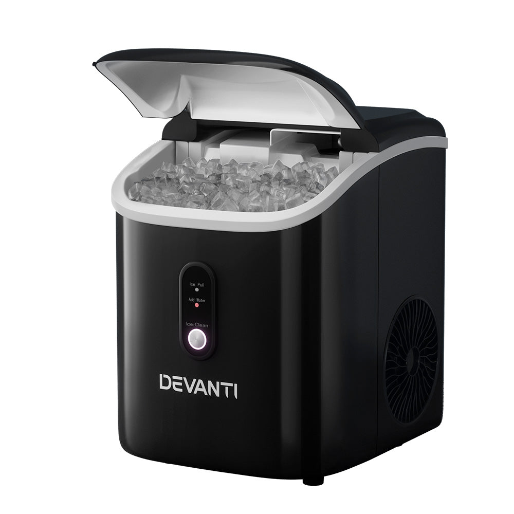 Devanti Portable Ice Maker Machine producing nugget ice, featuring a sleek black design and compact size, perfect for home or commercial use.