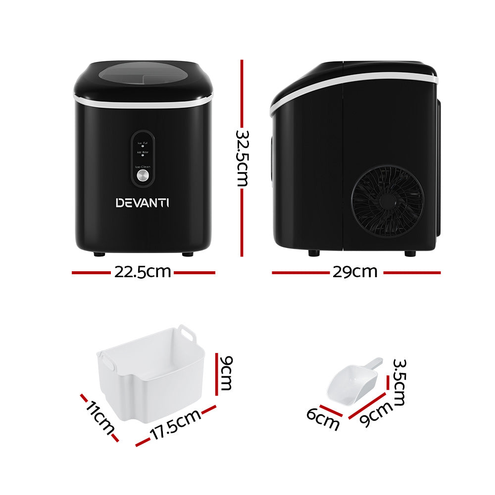 Devanti Portable Ice Maker Machine producing nugget ice, featuring a sleek black design and compact size, perfect for home or commercial use.