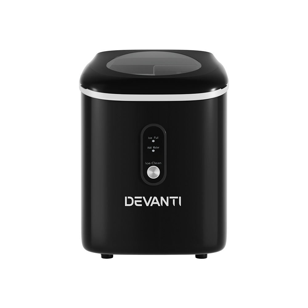 Devanti Portable Ice Maker Machine producing nugget ice, featuring a sleek black design and compact size, perfect for home or commercial use.