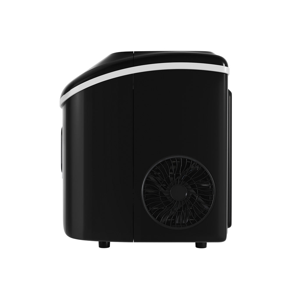 Devanti Portable Ice Maker Machine producing nugget ice, featuring a sleek black design and compact size, perfect for home or commercial use.