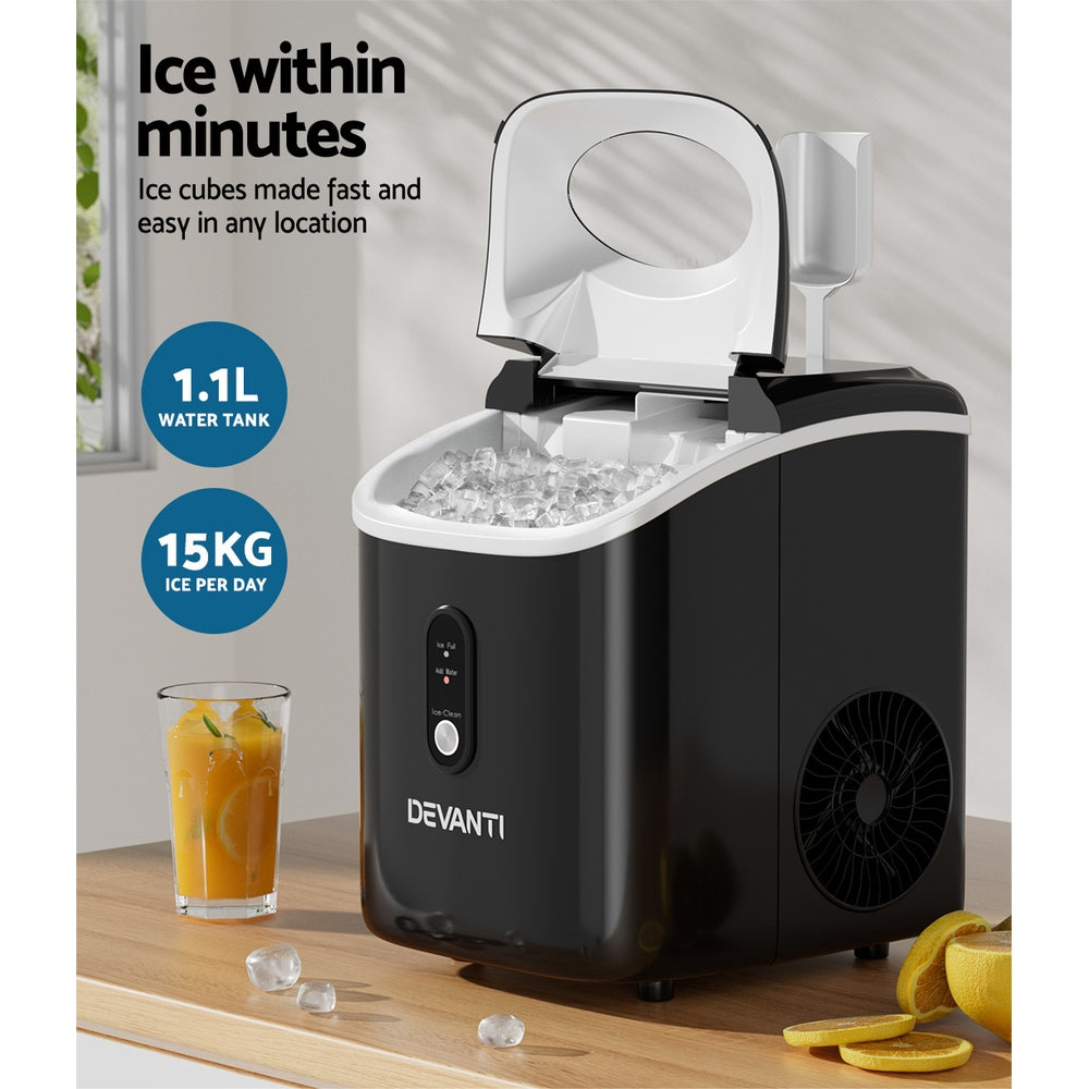 Devanti Portable Ice Maker Machine producing nugget ice, featuring a sleek black design and compact size, perfect for home or commercial use.