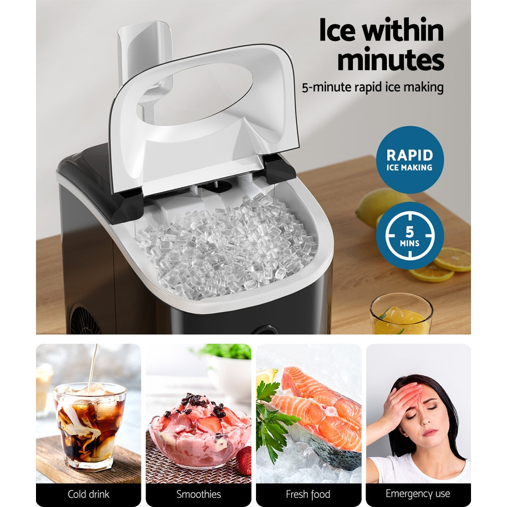 Devanti Portable Ice Maker Machine producing nugget ice, featuring a sleek black design and compact size, perfect for home or commercial use.