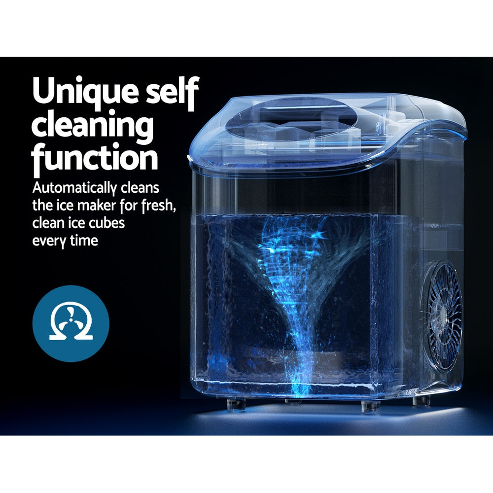 Devanti Portable Ice Maker Machine producing nugget ice, featuring a sleek black design and compact size, perfect for home or commercial use.