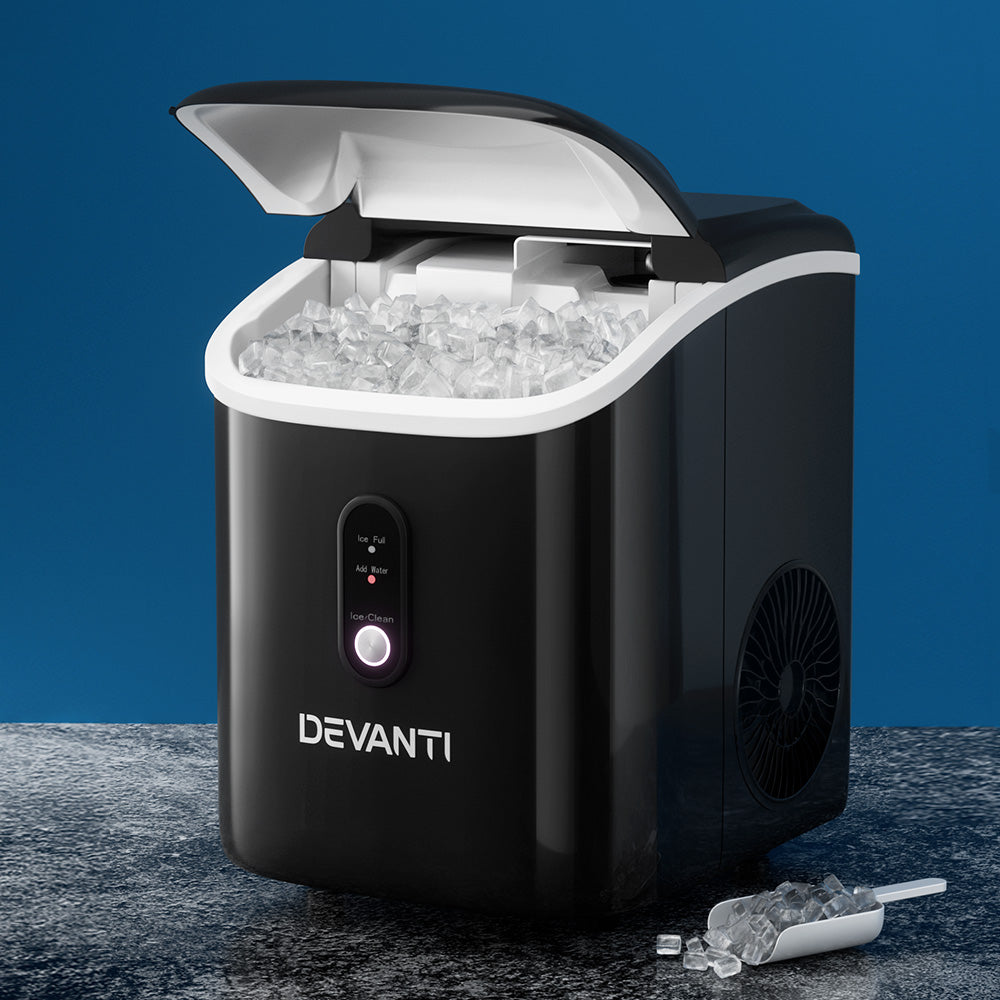 Devanti Portable Ice Maker Machine producing nugget ice, featuring a sleek black design and compact size, perfect for home or commercial use.