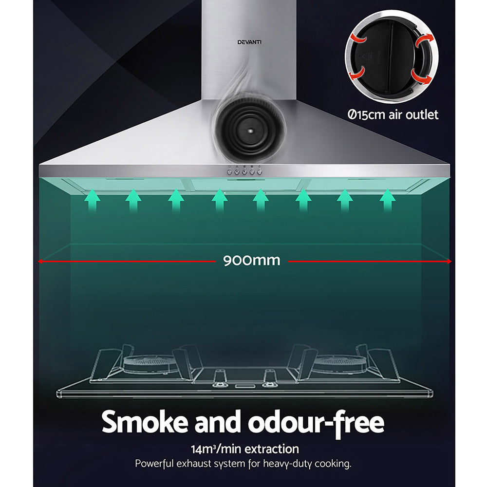 Devanti Range Hood 90cm in brushed stainless steel, featuring adjustable chimney and LED lighting.