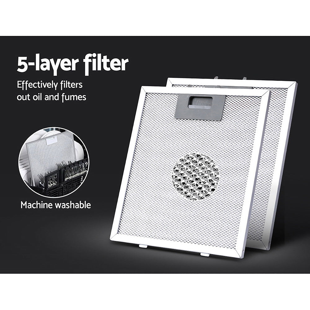 Devanti Range Hood 90cm in brushed stainless steel, featuring adjustable chimney and LED lighting.