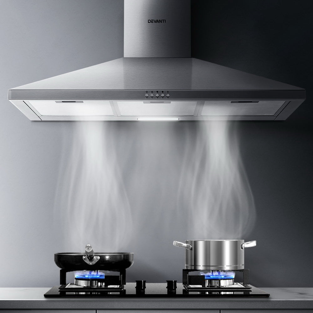 Devanti Range Hood 90cm in brushed stainless steel, featuring adjustable chimney and LED lighting.