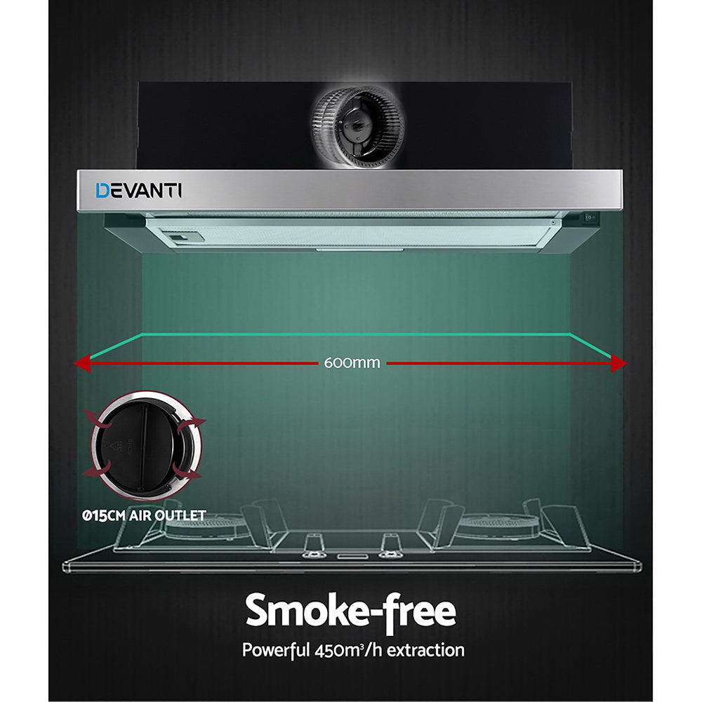 Devanti Rangehood stainless steel slide-out kitchen canopy with LED light and grease filters.