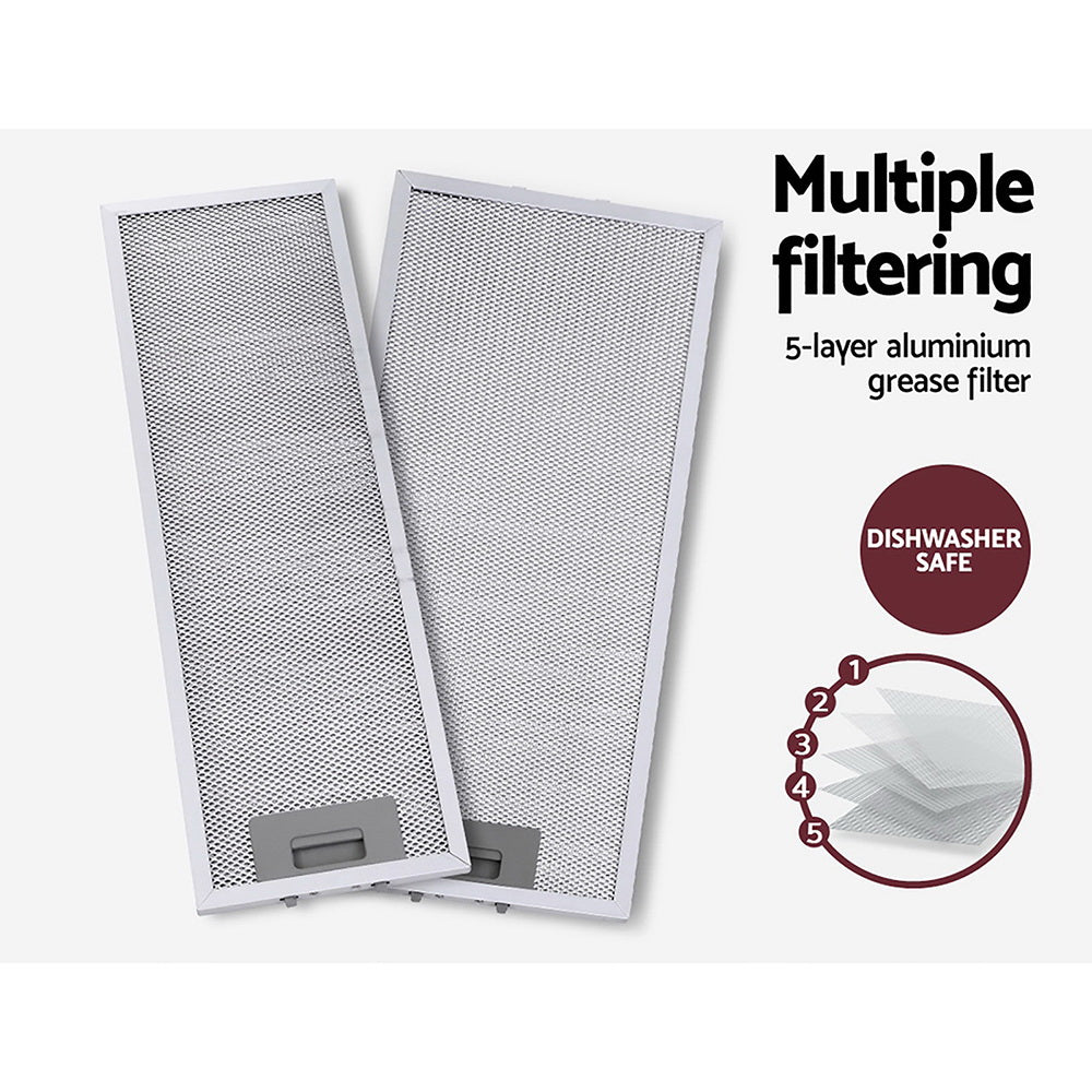 Devanti Rangehood stainless steel slide-out kitchen canopy with LED light and grease filters.