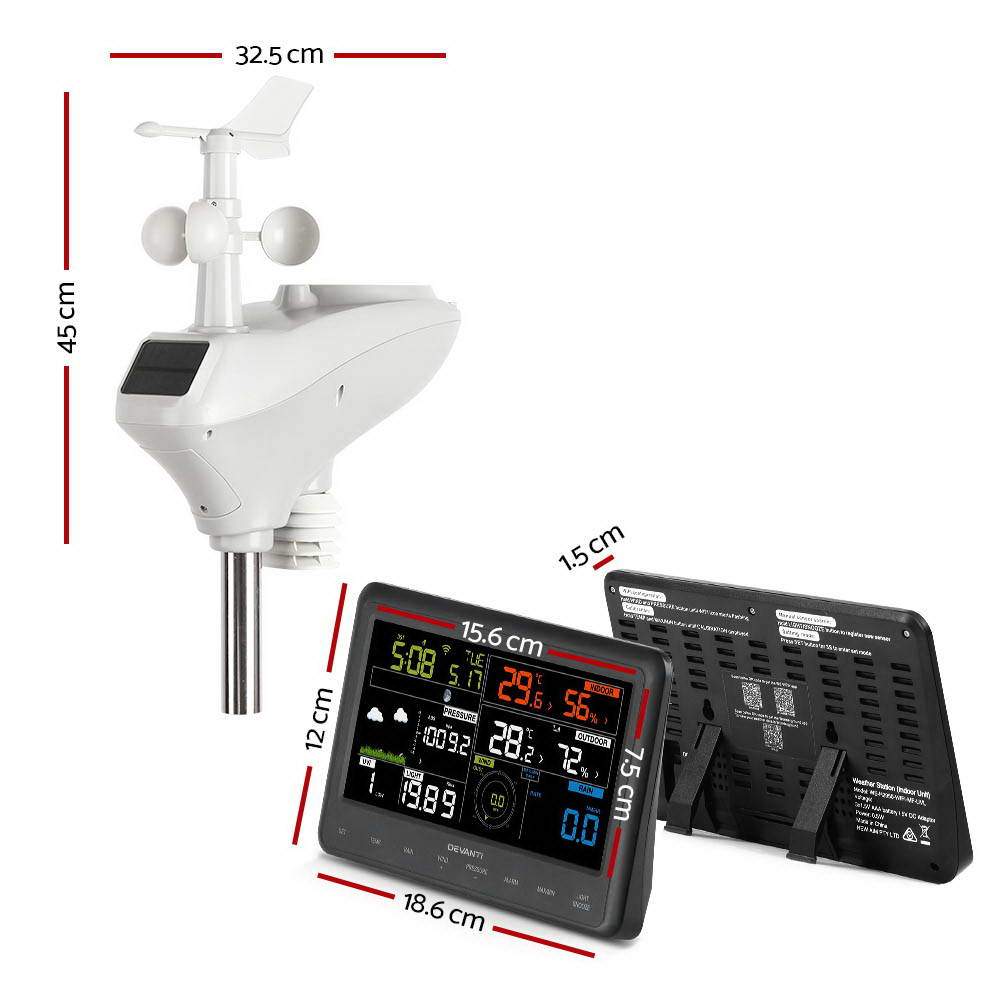 Devanti Wireless WiFi Professional Weather Station with solar sensor and LCD display, showcasing various weather parameters.