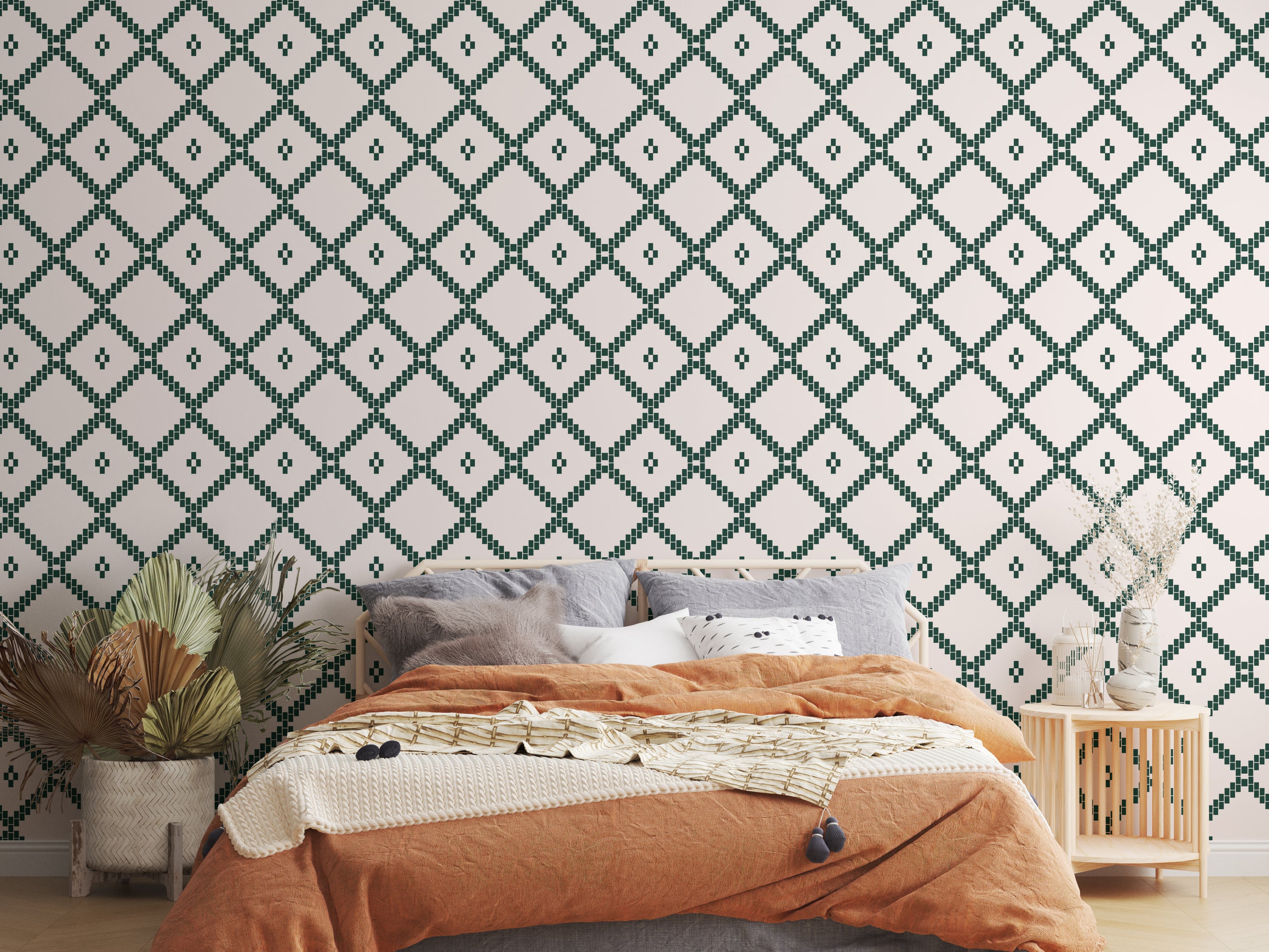 Diamond & Geo Hunter Green Wallpaper featuring modern geometric patterns in a rich green color, perfect for stylish home decor.