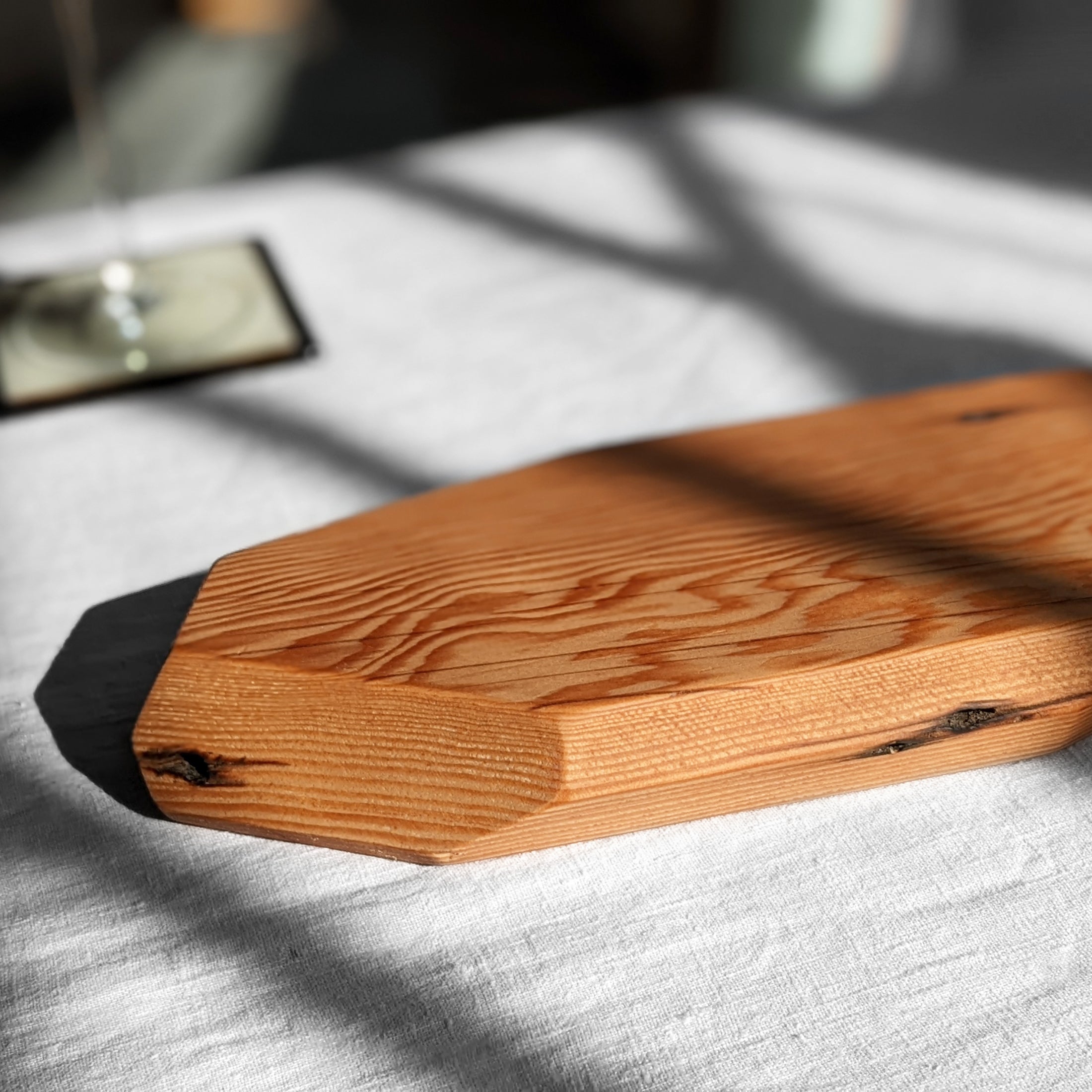 Elegant Diamond server made from unique Doug Fir wood with a beeswax finish, showcasing appetizers beautifully.