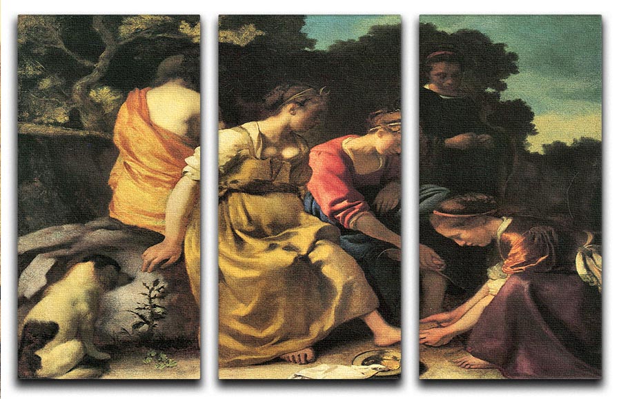 Three-panel canvas print of Diana and her nymphs by Vermeer, showcasing vibrant colors and intricate details.
