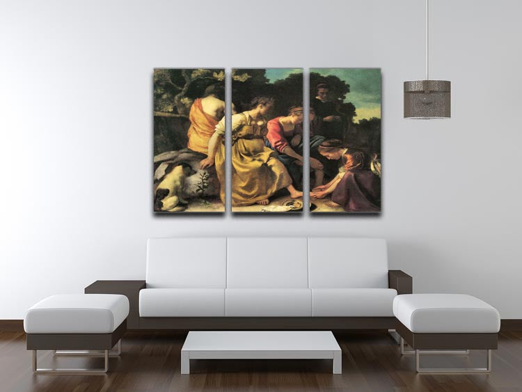 Three-panel canvas print of Diana and her nymphs by Vermeer, showcasing vibrant colors and intricate details.