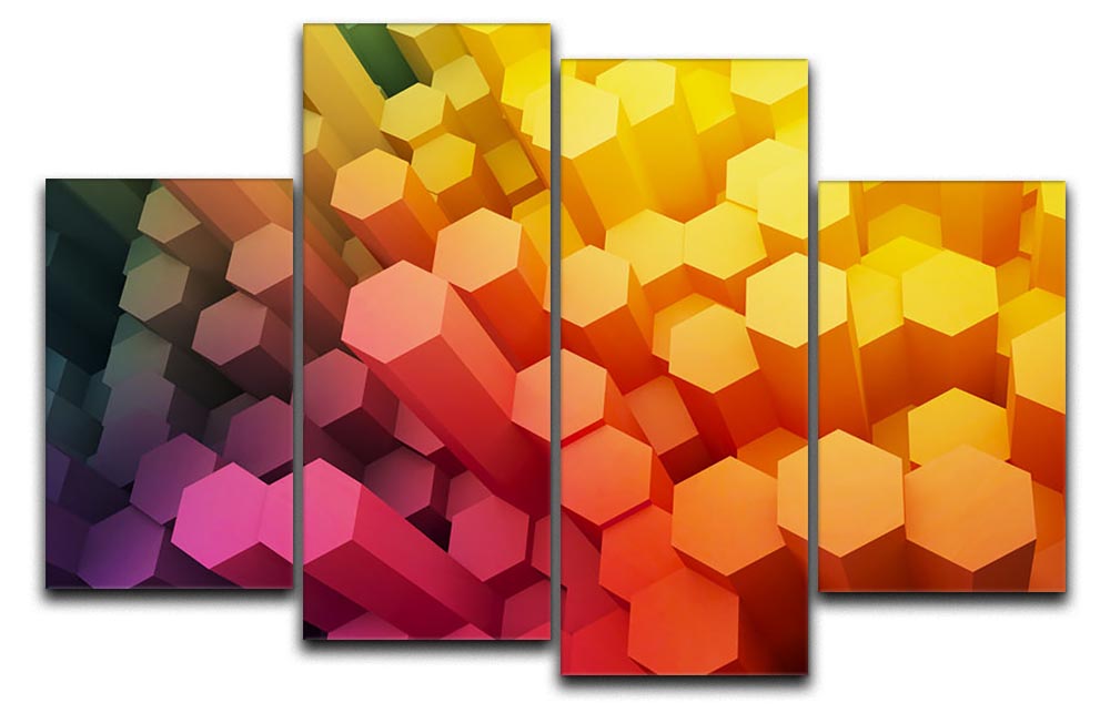Dimensional Hexagons 4 Split Panel Canvas artwork displayed in a modern living room setting, showcasing vibrant colors and unique design.
