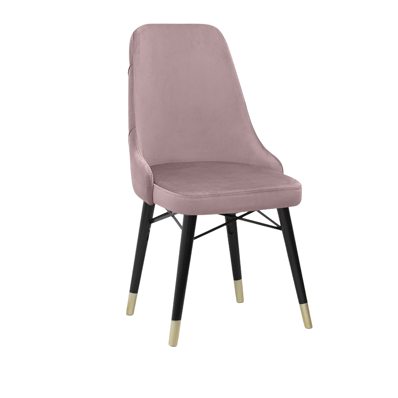 Set of four EDMOND velvet dining chairs in rotten apple color with black legs and gold accents, showcasing their luxurious design.