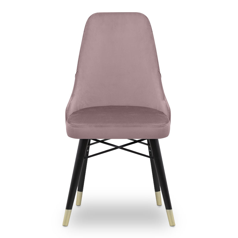 Set of four EDMOND velvet dining chairs in rotten apple color with black legs and gold accents, showcasing their luxurious design.