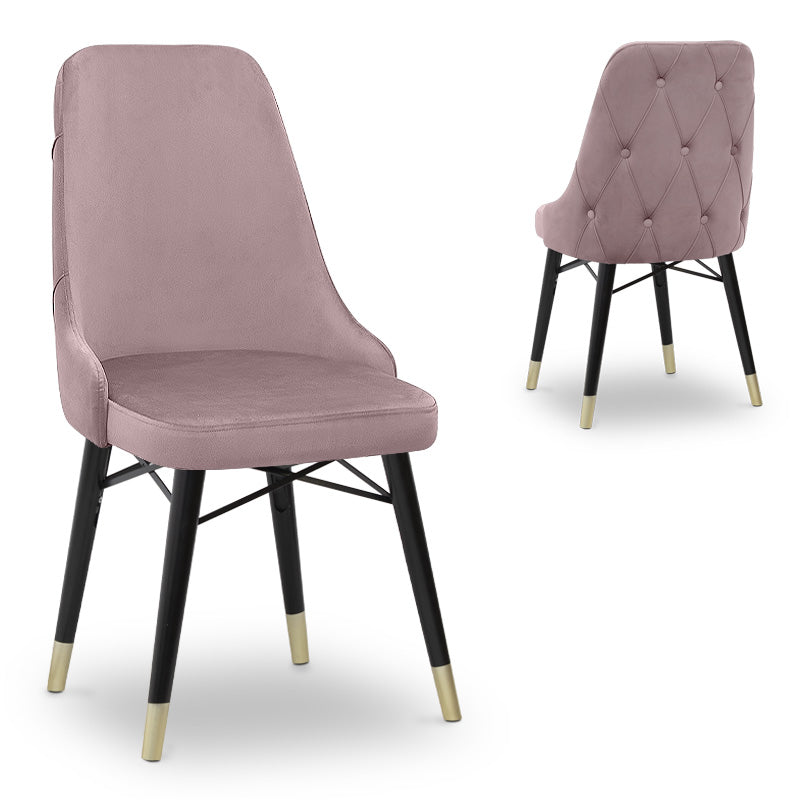 EDMOND velvet dining chair in rotten apple color with black wooden legs and gold detailing, showcasing luxury and elegance.