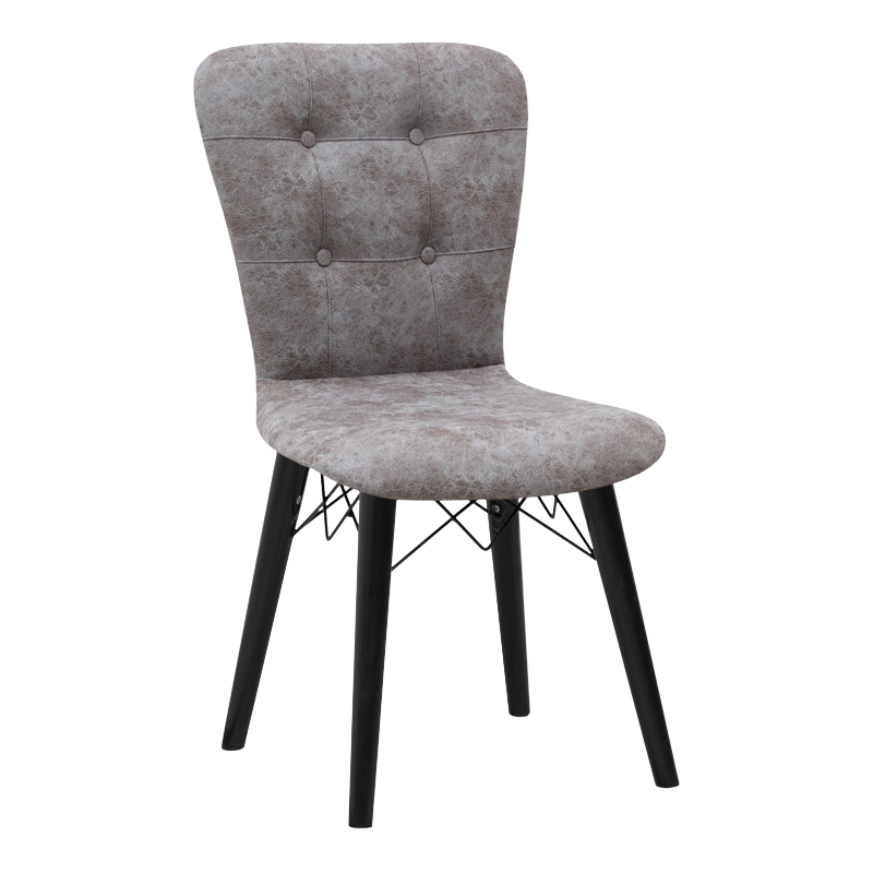 Set of four MICHELLE dining chairs in grey fabric with black wooden legs, showcasing elegant design and comfortable seating.