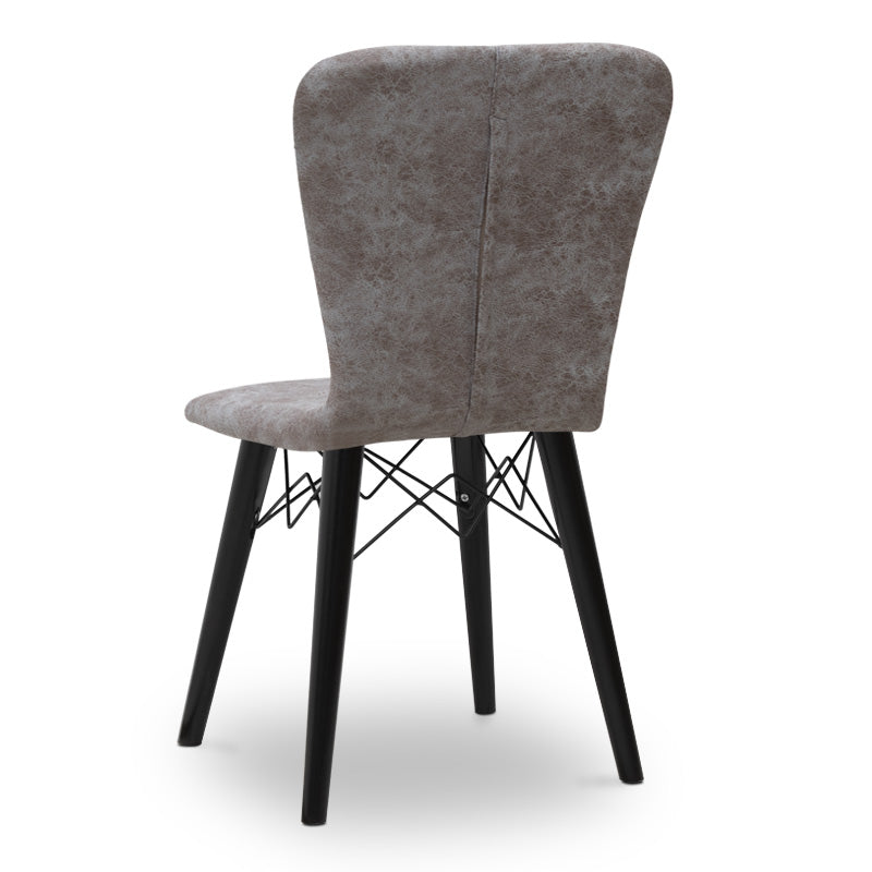 Set of four MICHELLE dining chairs in grey fabric with black wooden legs, showcasing elegant design and comfortable seating.