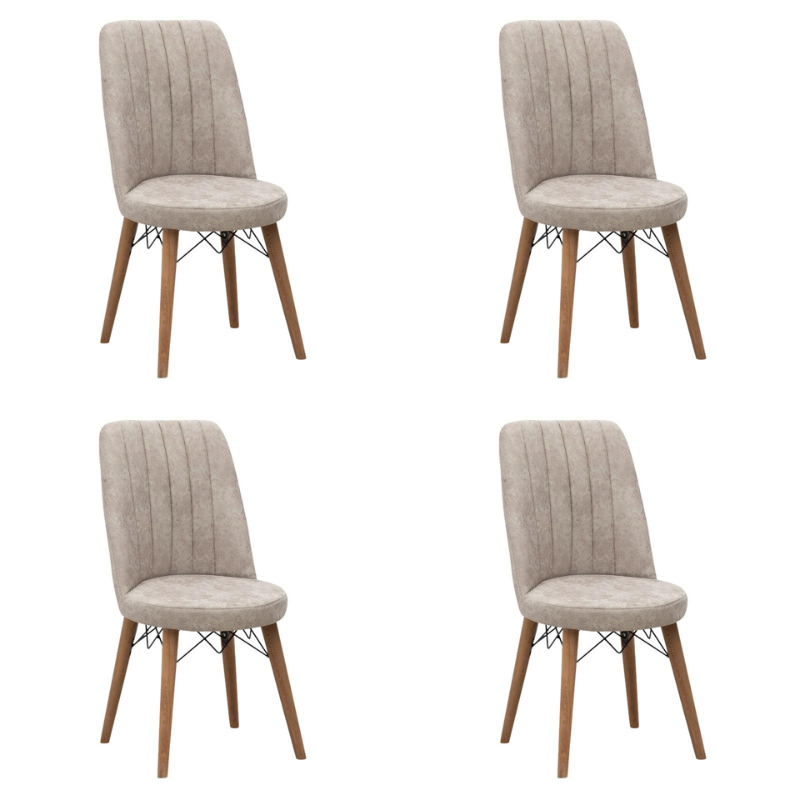 Set of four RALU Beige Dining Chairs with walnut legs, showcasing elegant design and comfortable seating.