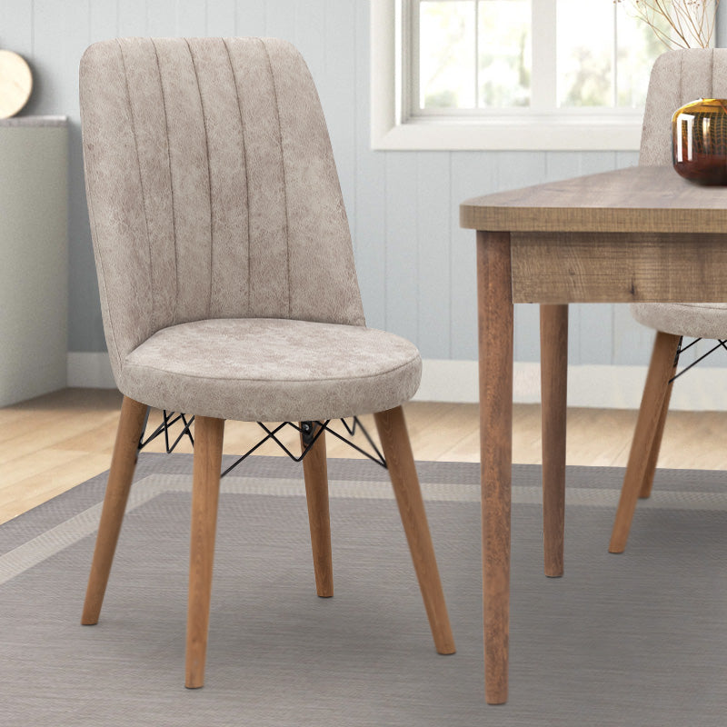 Set of four RALU Beige Dining Chairs with walnut legs, showcasing elegant design and comfortable seating.