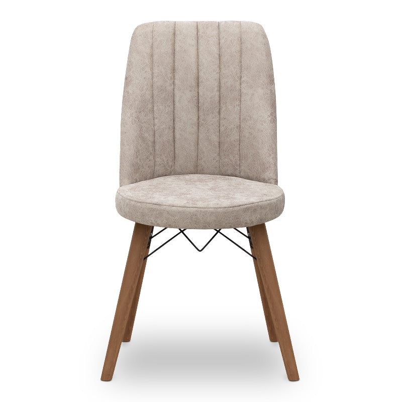 Set of four RALU Beige Dining Chairs with walnut legs, showcasing elegant design and comfortable seating.