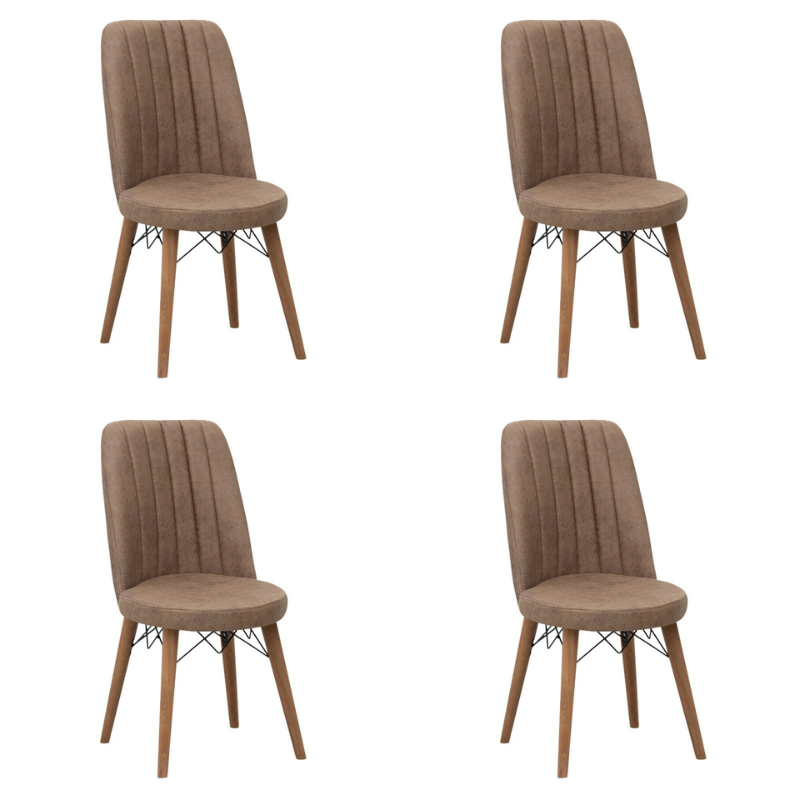 Set of four RALU Brown Dining Chairs with walnut legs, showcasing elegant fabric upholstery and modern design.