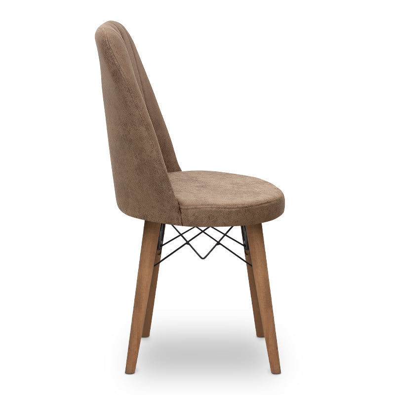 Set of four RALU Brown Dining Chairs with walnut legs, showcasing elegant fabric upholstery and modern design.