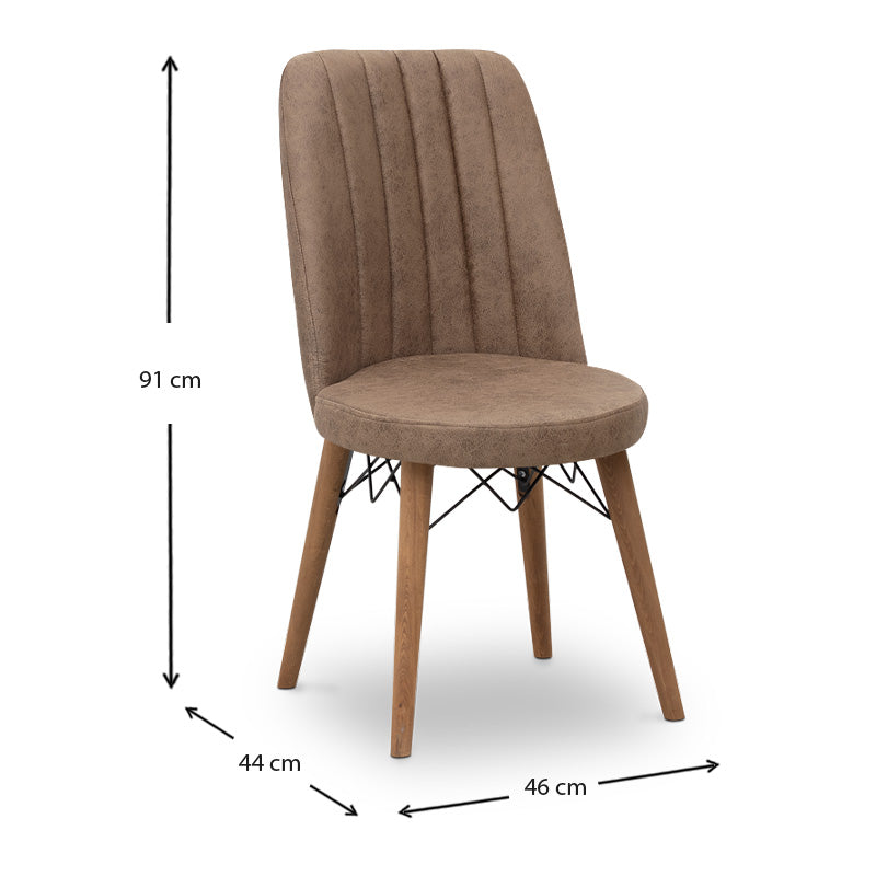 Set of four RALU Brown Dining Chairs with walnut legs, showcasing elegant fabric upholstery and modern design.