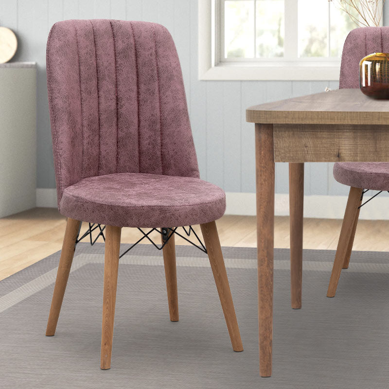 Set of four RALU dining chairs in rotten apple fabric with walnut legs, showcasing modern design and comfort.