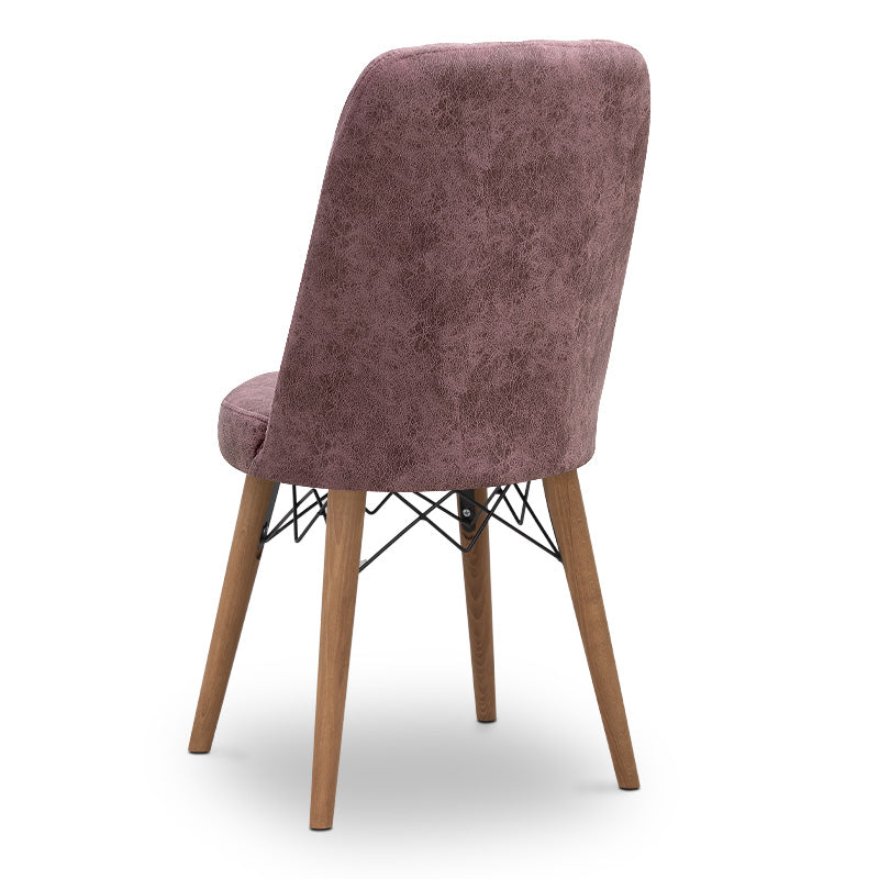 Set of four RALU dining chairs in rotten apple fabric with walnut legs, showcasing modern design and comfort.