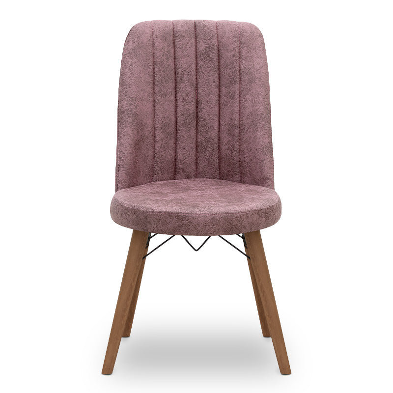 Set of four RALU dining chairs in rotten apple fabric with walnut legs, showcasing modern design and comfort.