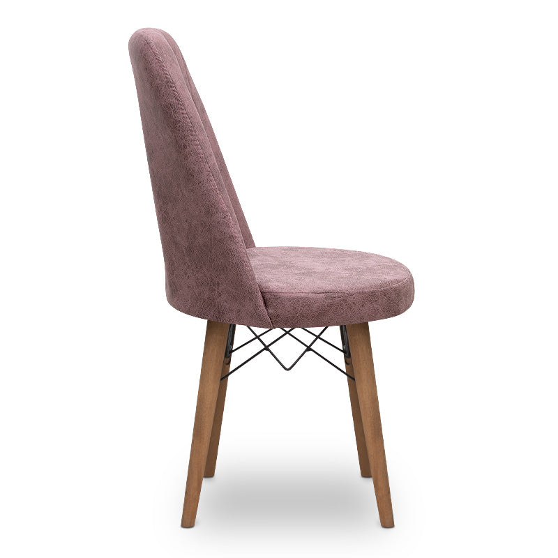 Set of four RALU dining chairs in rotten apple fabric with walnut legs, showcasing modern design and comfort.