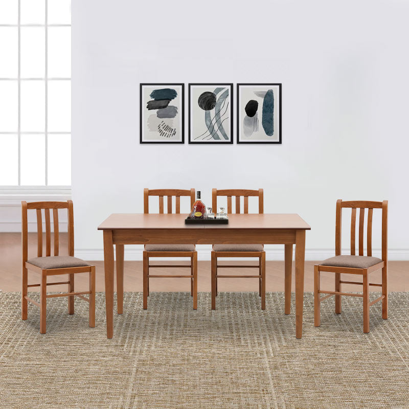 ALPEN 5 pcs dining set featuring an extendable walnut table and four upholstered chairs, showcasing solid beech wood construction.