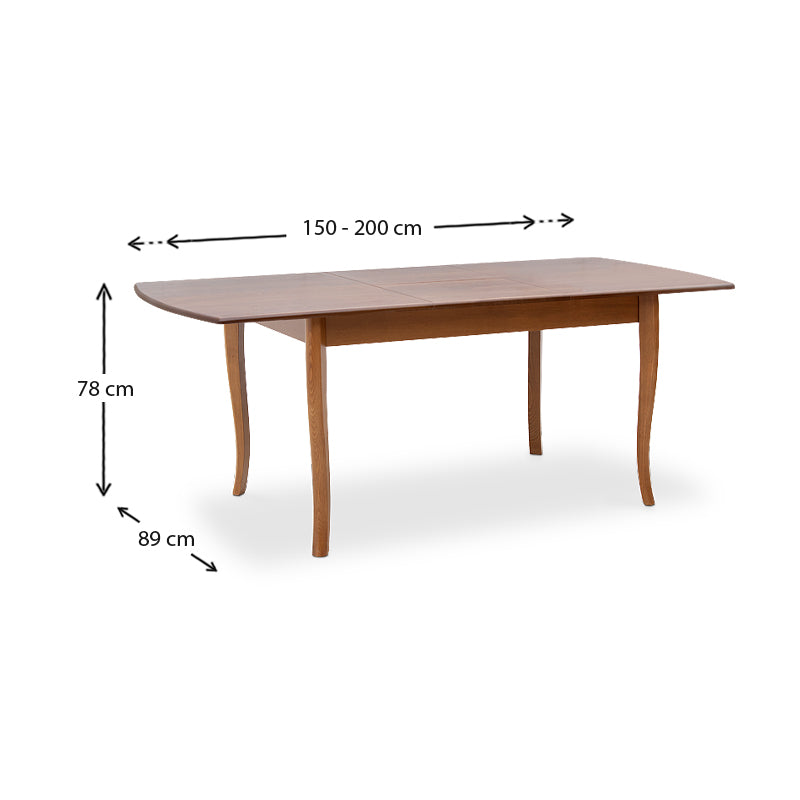 RACHEL extendable dining table in walnut finish, showcasing solid beech wood legs and MDF surface.