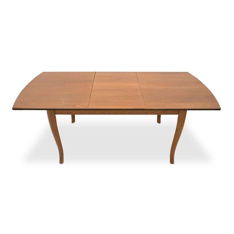 RACHEL extendable dining table in walnut finish, showcasing solid beech wood legs and MDF surface.