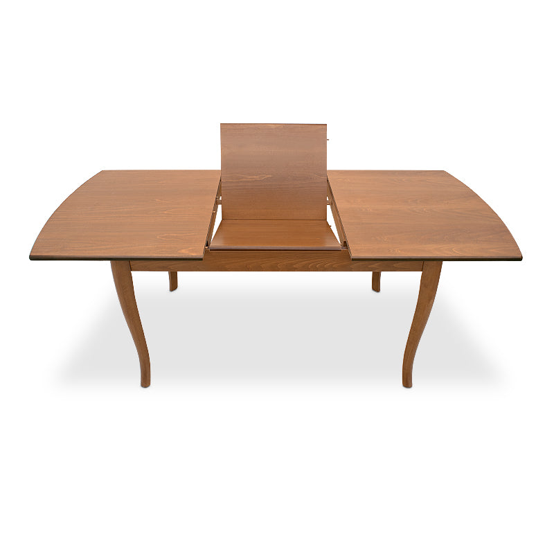 RACHEL extendable dining table in walnut finish, showcasing solid beech wood legs and MDF surface.