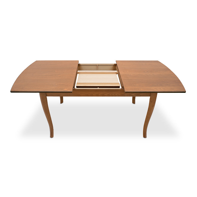 RACHEL extendable dining table in walnut finish, showcasing solid beech wood legs and MDF surface.