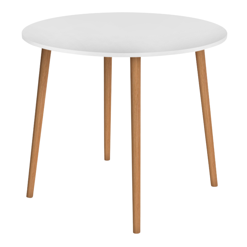 Round white dining table made of melamine with solid beech wood legs, measuring 92x92x75 cm.