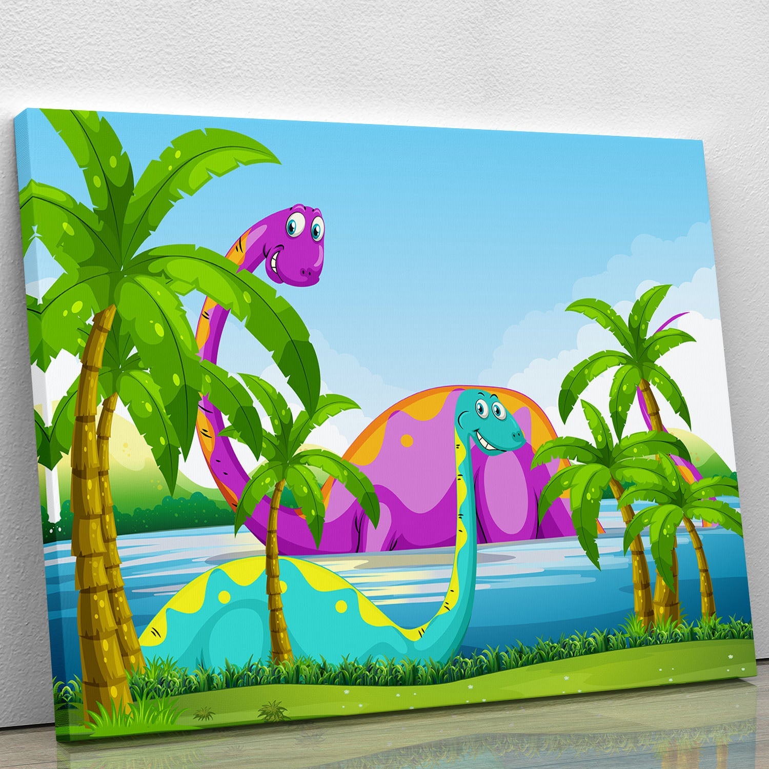 A vibrant canvas print of a dinosaur having fun in a lake, showcasing bright colors and playful scenery.