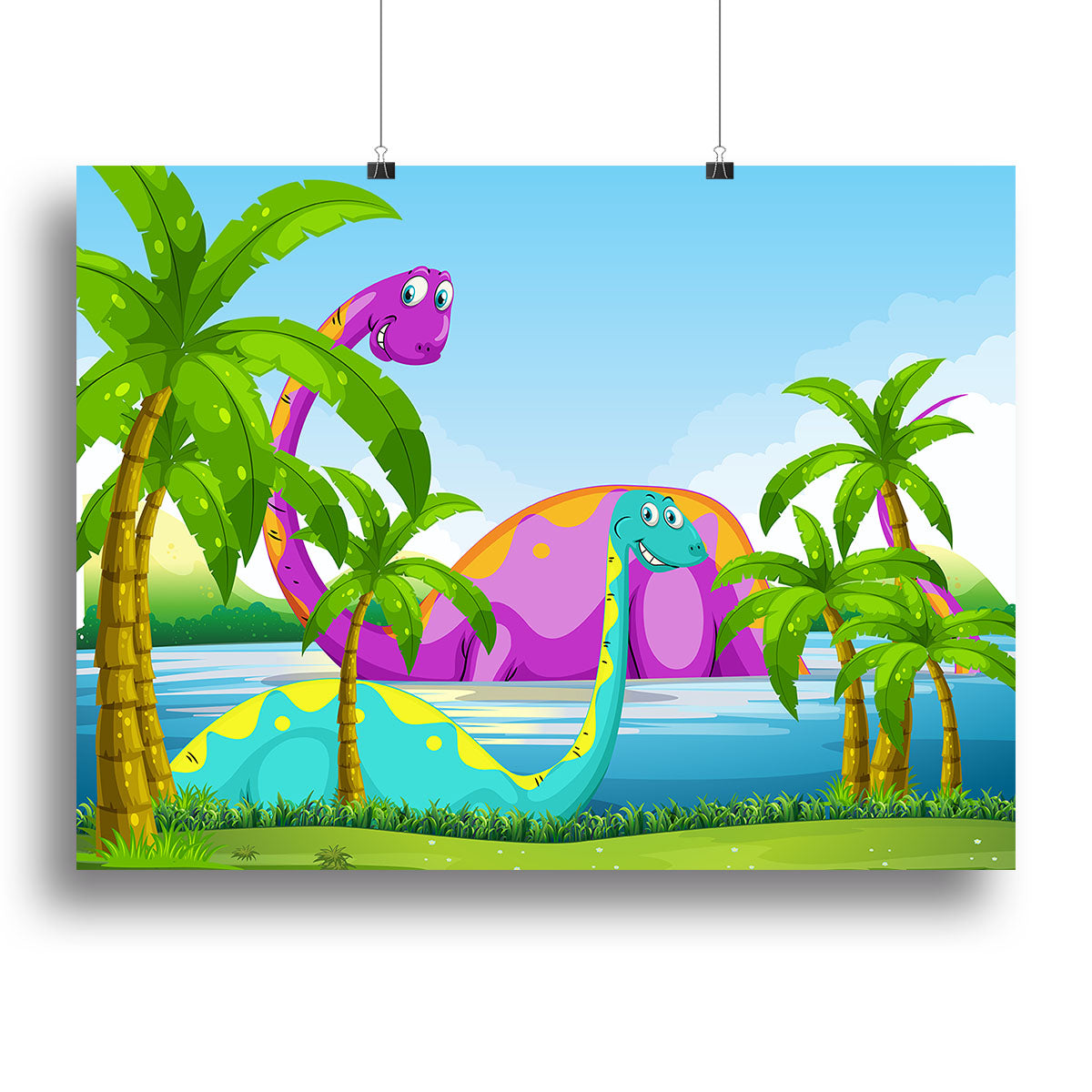 A vibrant canvas print of a dinosaur having fun in a lake, showcasing bright colors and playful scenery.