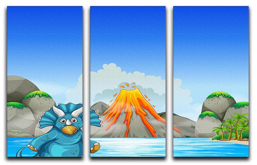 A beautiful 3-panel canvas print featuring a dinosaur living by a serene lake, showcasing vibrant colors and intricate details.