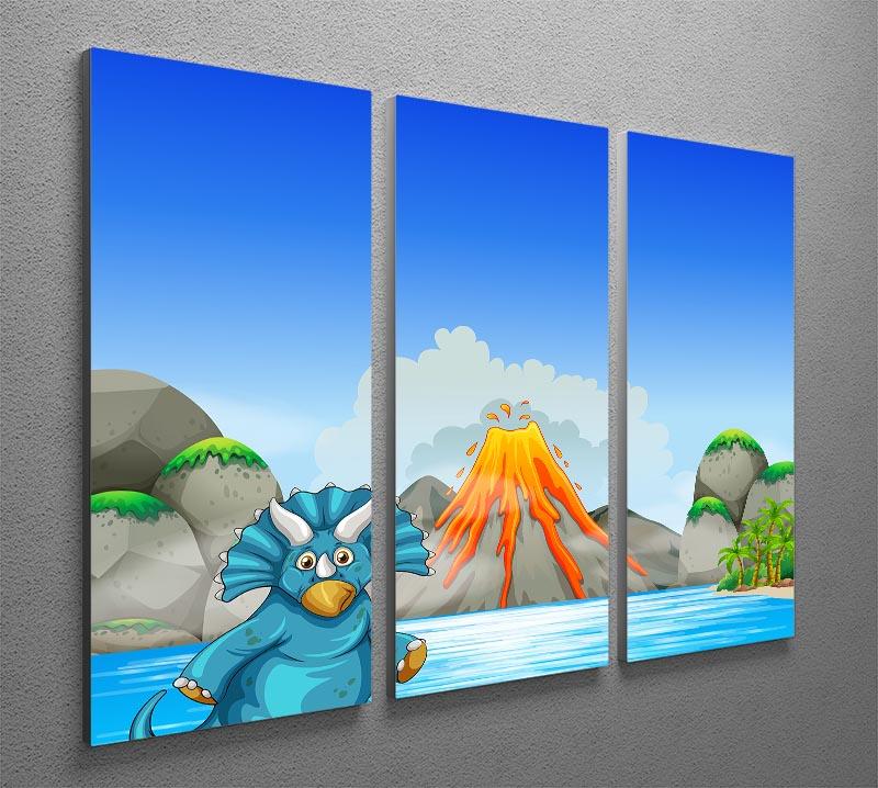 A beautiful 3-panel canvas print featuring a dinosaur living by a serene lake, showcasing vibrant colors and intricate details.