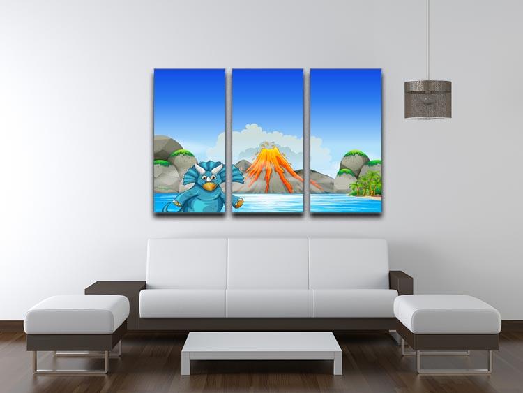 A beautiful 3-panel canvas print featuring a dinosaur living by a serene lake, showcasing vibrant colors and intricate details.