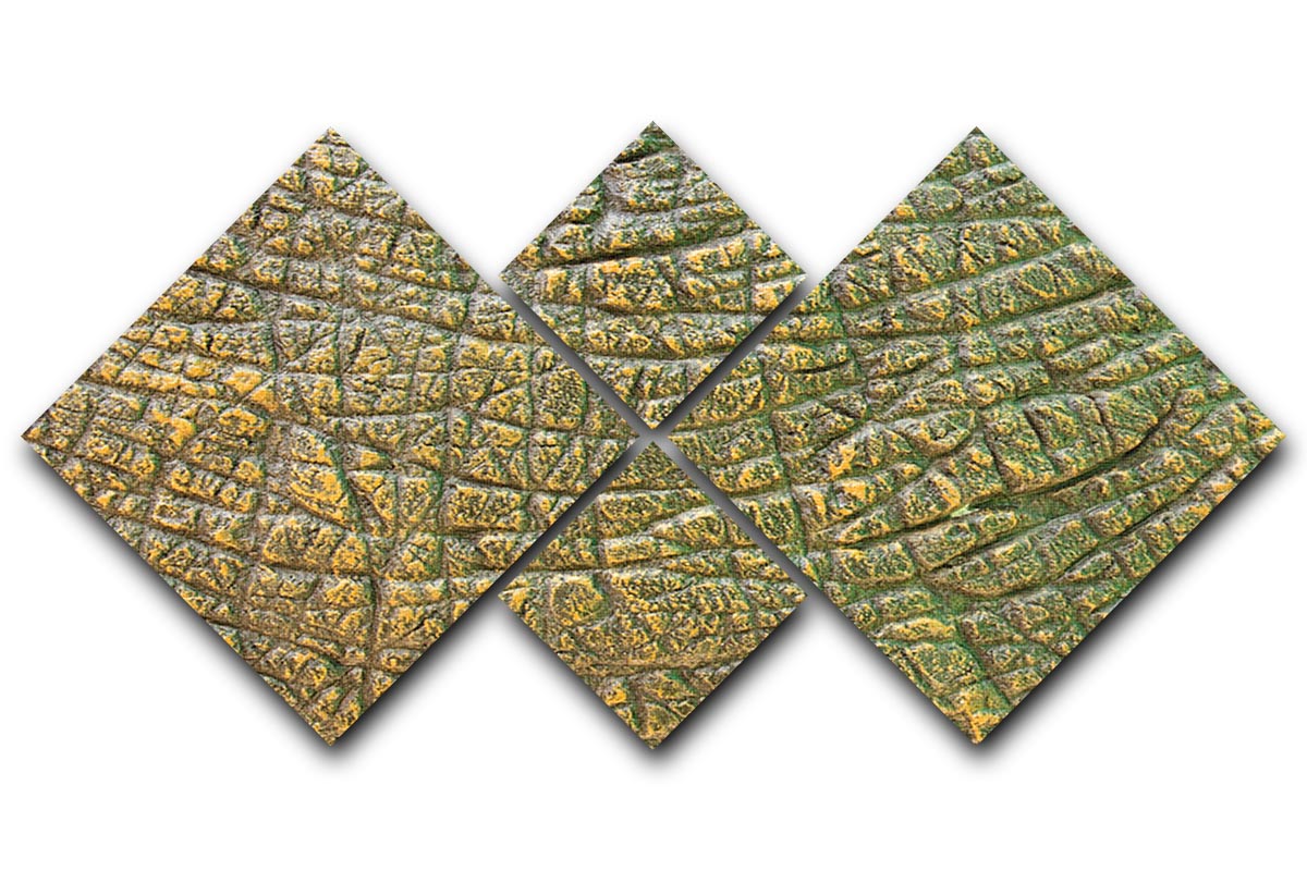 A vibrant multi-panel canvas artwork featuring a dinosaur skin texture, divided into four equal square sections, showcasing intricate details.