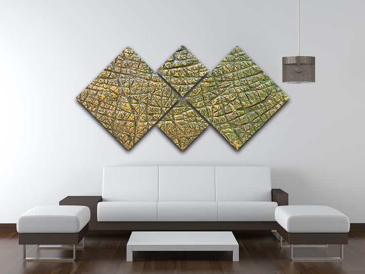 A vibrant multi-panel canvas artwork featuring a dinosaur skin texture, divided into four equal square sections, showcasing intricate details.