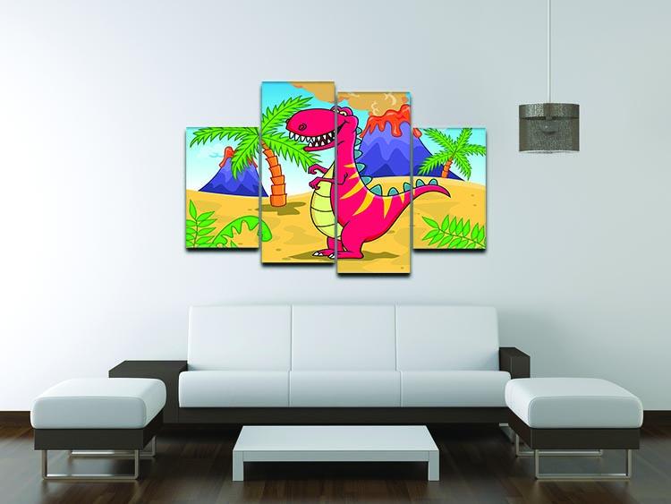Colorful Dinosaur Volcano Cartoon artwork displayed in four split panels, perfect for children's rooms.